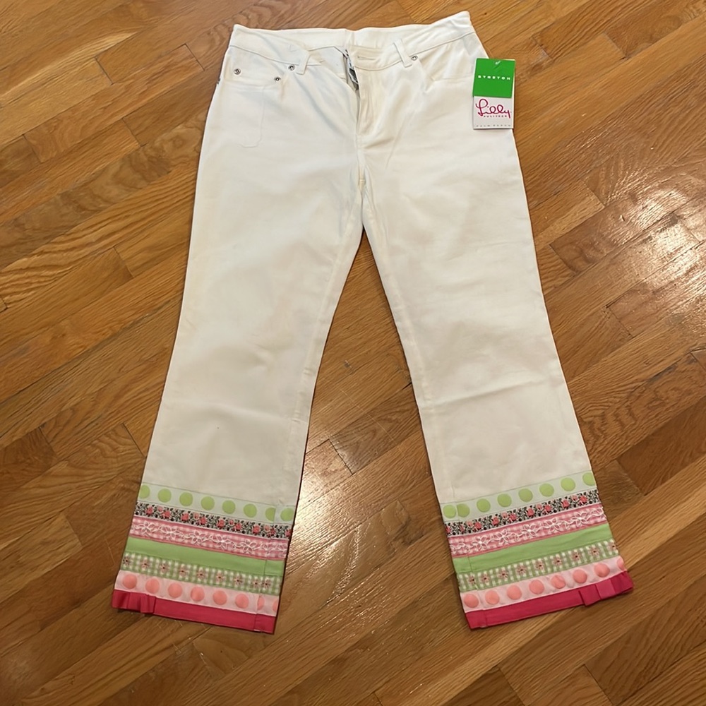 Lilly Pulitzer White Jeans with Pink and Green Trim
